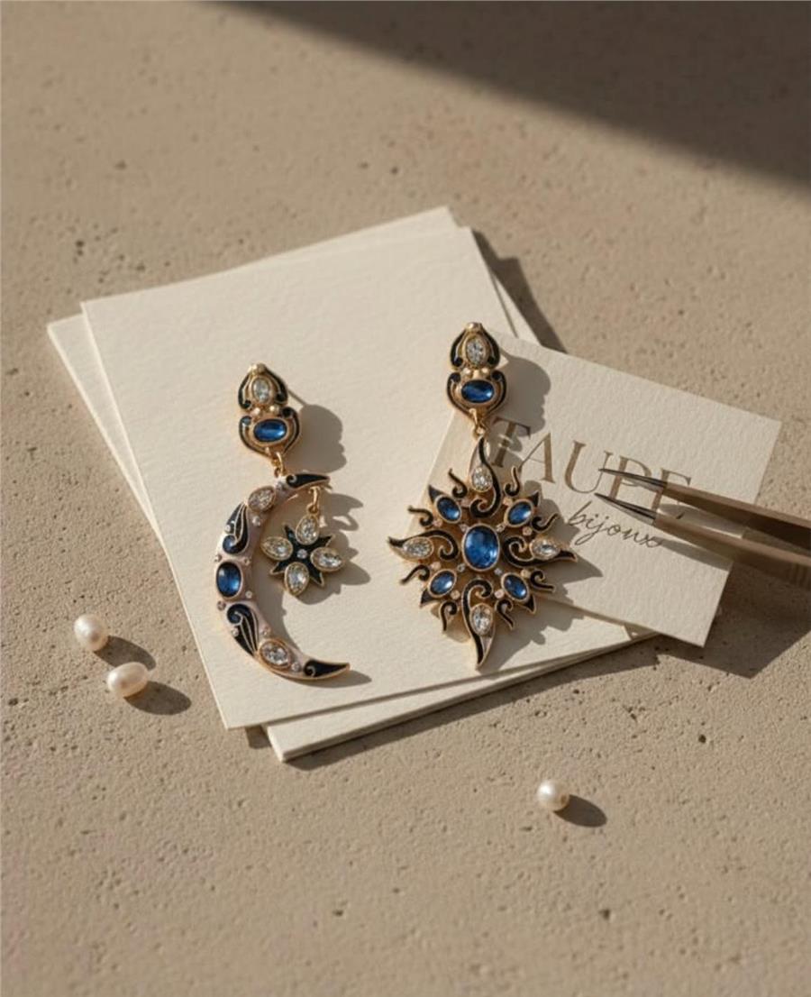 Gloria Mavi Taşlı Ay ve Yıldız Küpe